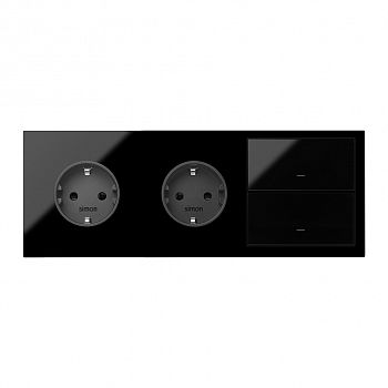 Кит на 3 поста, фронт: накладка на 2 розетки Schuko + 2 клавиши выключателей черный глянец Simon 100, 10020310-138 фото